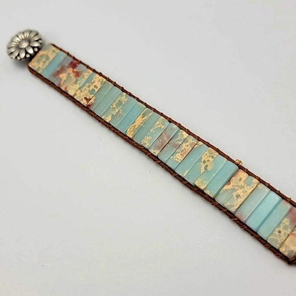 Adjustable Agalmatolite Natural Gemstone Boho Ethnic Genuine Leather Bracelet - Picture 6 of 8